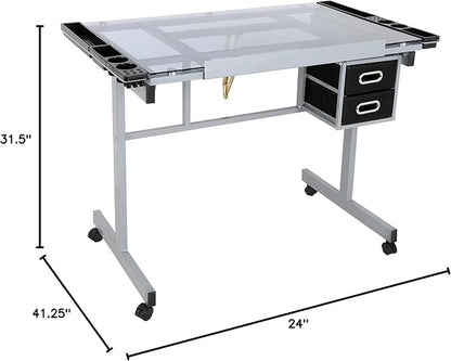 ZenStyle Glass Top Drafting Table with Storage, Adjustable Multifunctional Drafting Drawing Table Desk Tempered Glass Top Art Craft w/Drawers, Castors