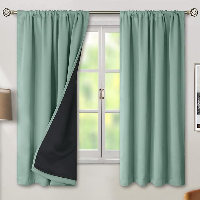 BGment 100% Blackout Curtains for Bedroom with Black Liner, Double Layer Full Room Darkening Noise Reducing and Thermal Insulated Rod Pocket Curtain (52 x 63 Inch, Frosty Green, 2 Panels)