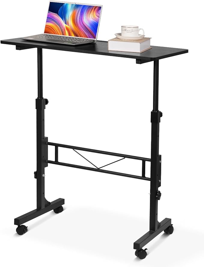 KLSMYHOKI Small Standing Desk Adjustable Height, Mobile Sit Stand up Desk Portable Rolling Desk with Wheels Standing Desk for Walking pad Treadmill Black