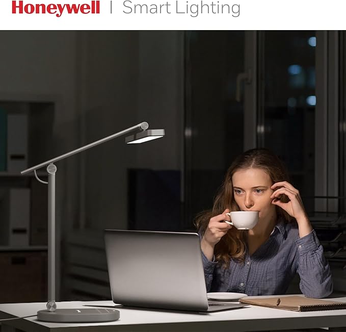 Honeywell LED Desk Lamp for Home Office - H4 Sunturalux™ Eye-Caring Desk Light, 14W Dimmable Table Lamp with 3 Color Modes 5 Brightness Levels, Auto Dimming, Timer, Adjustable Reading Lamp, Gray