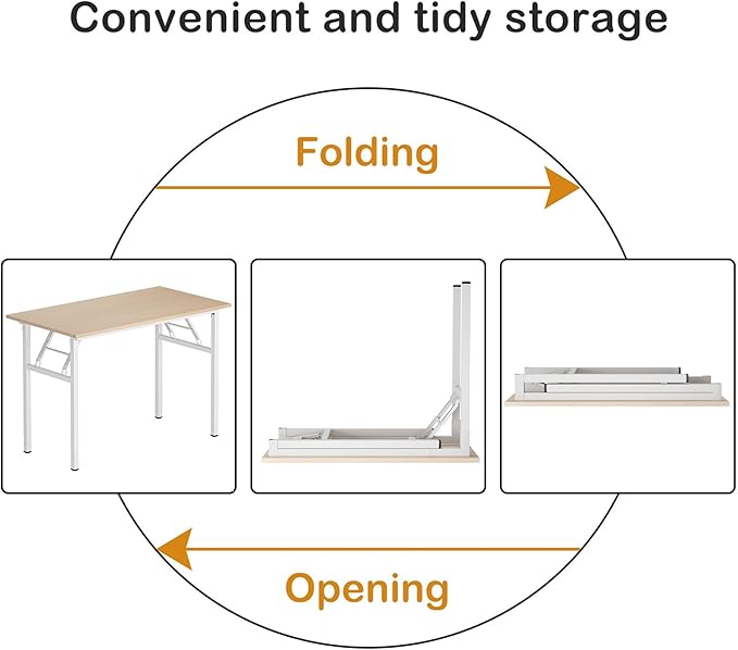 Need Folding Desk for Home Office 39-3/8'' Length Modern Folding Table Computer Desk No Install Needed Pink Oak Color Desktop White Frame, AC5AW(10060)