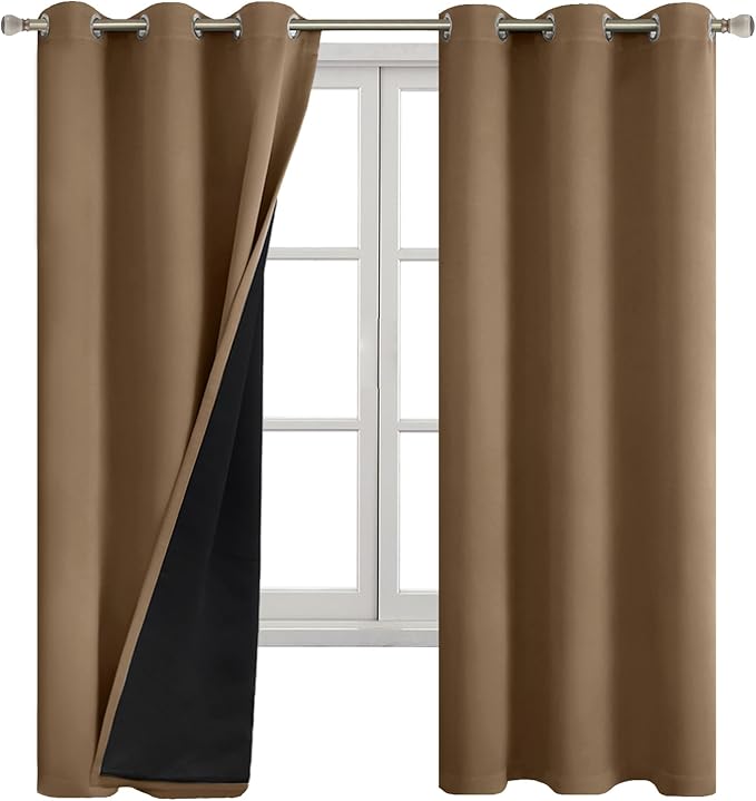 100% Blackout Curtains for Bedroom 63 Inch Long, Short Bedroom Curtains for Window Thermal Insulated Soundproof Room Darkening Curtains, 42 Inch Wide, Taupe