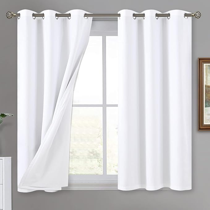 Short Blackout Curtains 45 Inch Length 2 Panels, 100% Light Blocking Thermal Insulated Soundproof Grommet Small Window Curtains for Bedroom Basement with White Liner, Each 42 Inch Wide, White