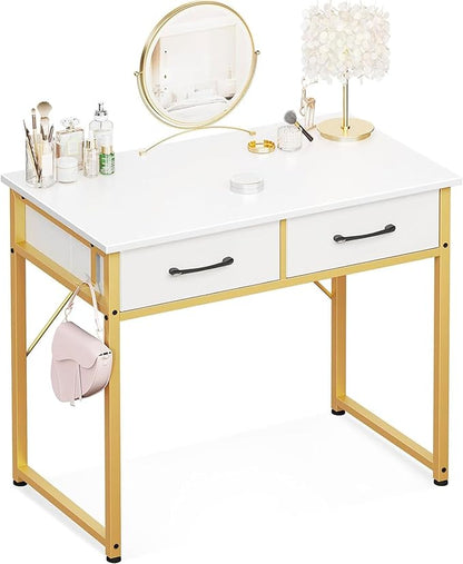 ODK Vanity Desk Without Mirror, Makeup Vanity with 2 Fabirc Drawers, White Vanity Dressing Vanity Table with Versatile Hook, 32 Inch Small Vanity for Bedroom, Desk Make Up for Girls, White and Gold