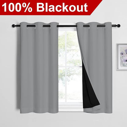 NICETOWN Silver Grey 100% Blackout Curtains with Black Liners, Thermal Insulated Full Blackout 2-Layer Curtains, Energy Efficiency Window Draperies for Dining Room (2 Panels, 42-inch W by 45-inch L)