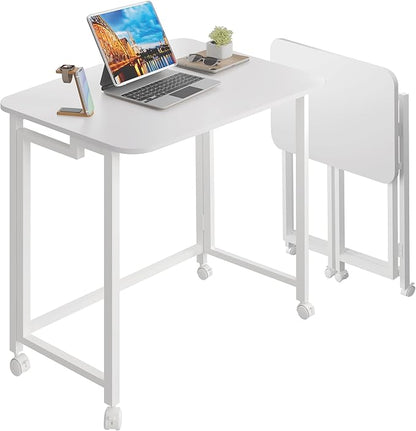 4NM 23.6" Mobile Small Folding Desk, Adjustable Rolling Compact Laptop Cart Desk, Couch Desk, Bed Desk for Laptop for Small Space Offices - All White