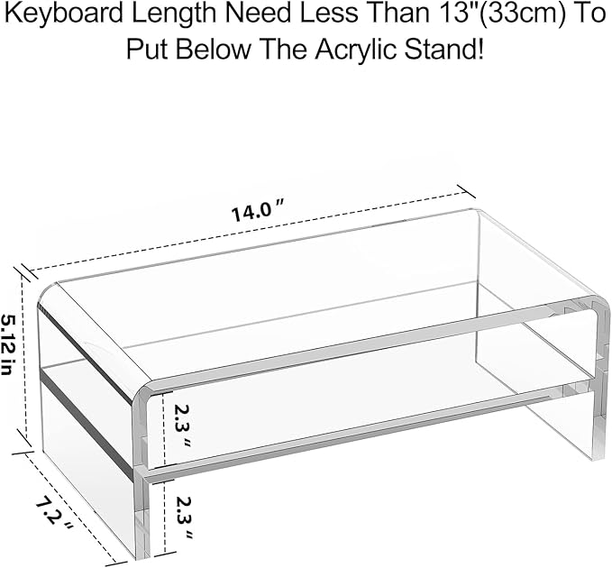 Acrylic Monitor Stand, 2 Tiers Clear Monitor Riser Computer Stand for Office, Home, Office, 5.12 Inches Hight PC Desk Stand for Keyboard Storage, Premium Platform for Laptop Printer TV Screen