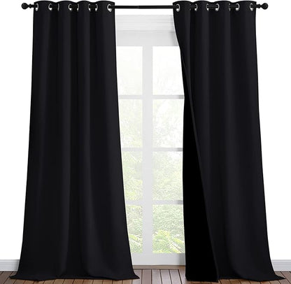 NICETOWN Extra Long Truly Blackout Drapes for Hall and Villa, 46-inch Width Each Panel, 102-inch Length, Black, 2 Pieces, 100% Blackout Window Curtain Panels with Black Lined for Night Shift Worker