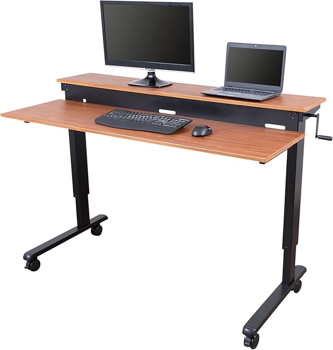 S STAND UP DESK STORE Crank Adjustable 2-Tier Standing Desk with Heavy Duty Steel Frame (Black Frame/Teak Top, 60 inch Wide)