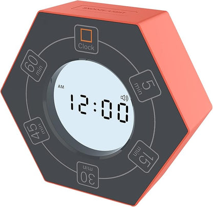 Hexagon Rotating Productivity Timer with Clock, Pomodoro Timer with 5,15, 30, 45, 60 Minute Presets, Timer for People with ADHD (Orange)