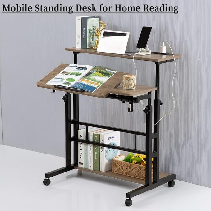 Hadulcet Stand Up Desk, Rolling Desk Adjustable Height, Mobile Standing Desk with Wheels & Charging Station Grey or Rustic Brown