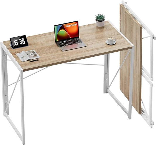 Coavas Folding Desk No Assembly Required, 39.4 inch Small Foldable Desk Writing Computer Table Space Saving Simple Home Office Desk, White Oak