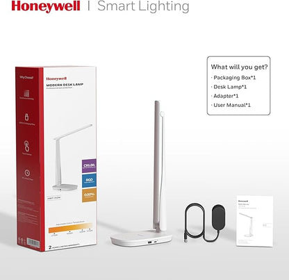 Honeywell Sunturalux™ LED Desk Lamp Dimmable Desk Light with USB A+C Dual Charging Port Eye-Caring Foldable Table Lamp with 4 Color Modes for Home Office Bedroom Reading Study Work HWT-H2W White