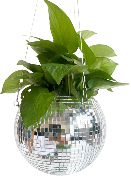 6inch Disco Ball Hanging Plant Pots,Plant Disco Ball Silver Mirror Disco Planter with Chain Hook for Indoor Outdoor Decor and Wooden Stand for Desk,Self Watering Insert Pots, Boho Disco Ball Planter