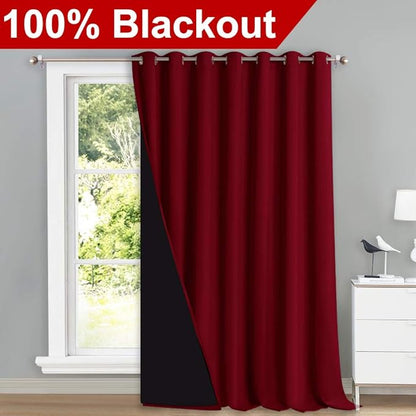 NICETOWN Sound Reducing Room Divider Curtains, Thermal Insulated 100% Blackout Drape, Slider Curtain Panel with Black Lining, Full Light Blocking Patio Door Drapery (Burgundy Red, 1 PC, 100" x 108")