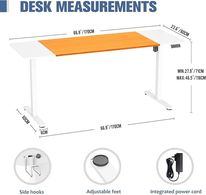 Electric Standing Desk, 67" x 23.6" Height Adjustable Sit Stand Desk with Splice Board for Home Office, Computer Desk Memory Preset (White Frame, White & Cherry Desktop)