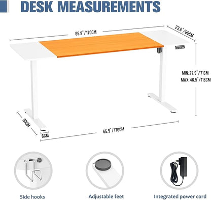 Electric Standing Desk, 67" x 23.6" Height Adjustable Sit Stand Desk with Splice Board for Home Office, Computer Desk Memory Preset (White Frame, White & Cherry Desktop)