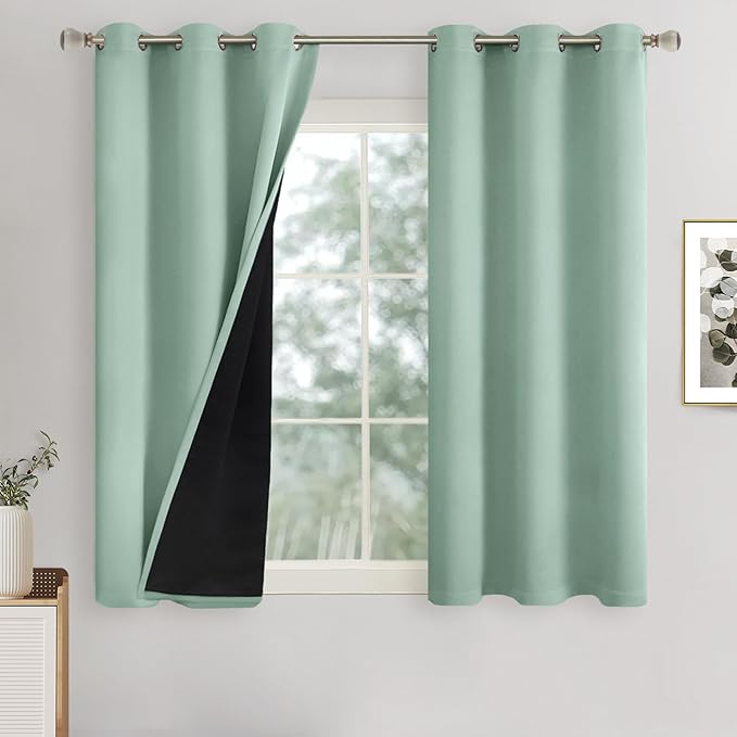 Frosty Green Blackout Curtains 45 Inch Length Small Window, Thermal Insulated Bedroom Kitchen Curtains 100% Light Blocking Soundproof Grommet Window Curtains with Black Liner, Each 42 Inch Wide