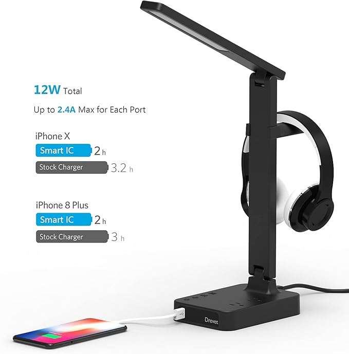 Drevet LED Desk Lamp with Headphone Stand, Desk Light with 1 USB Charging Port and 2 AC Power Outlet, 3 Lighting Modes, 3 Level Brightness,1H Timer, Memory Function, Eye-Caring Gaming Desk Lamp