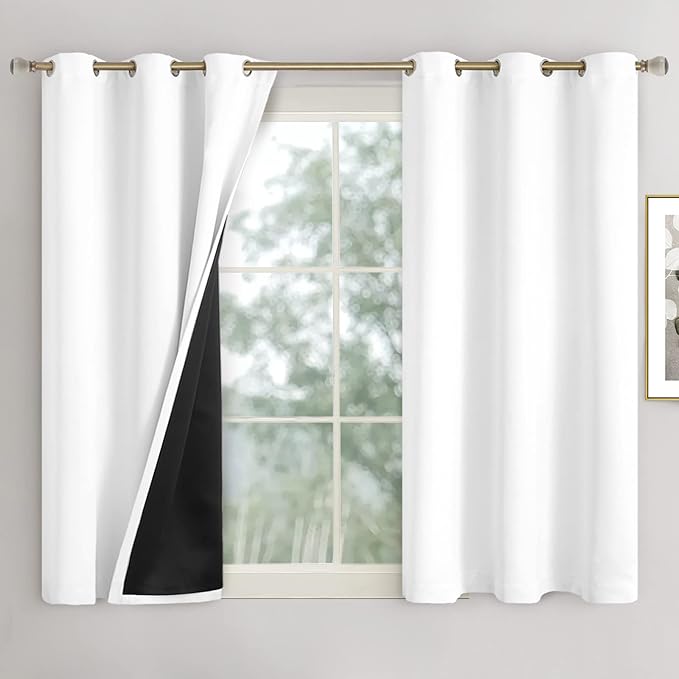 Short Blackout Curtains 45 Inch Length 2 Panels, 100% Light Blocking Thermal Insulated Soundproof Grommet Small Window Curtains for Bedroom Basement with Black Liner, Each 42 Inch Wide, White