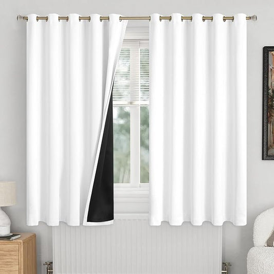 Extra Wide 100% Blackout Curtains for Bedroom 63 Inch Length 2 Panels Set, Thermal Insulated Full Light Blocking Soundproof Grommet Window Curtains for Living Room, Each 60 Inch Wide, White