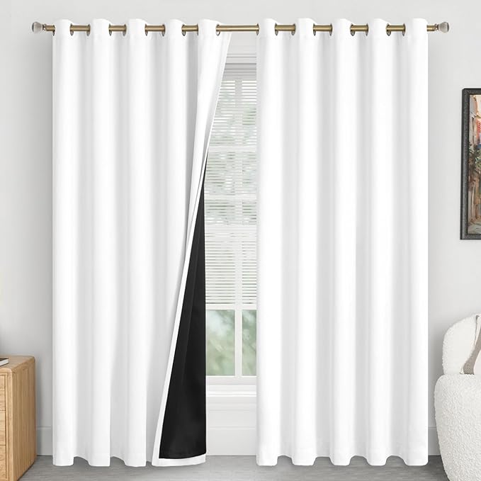 Extra Wide 100% Blackout Curtains 84 Inch Length 2 Panels for Living Room, Thermal Insulated Total Light Blocking Soundproof Floor Length Curtains for Bedroom Window, Each 60 Inch Wide, White