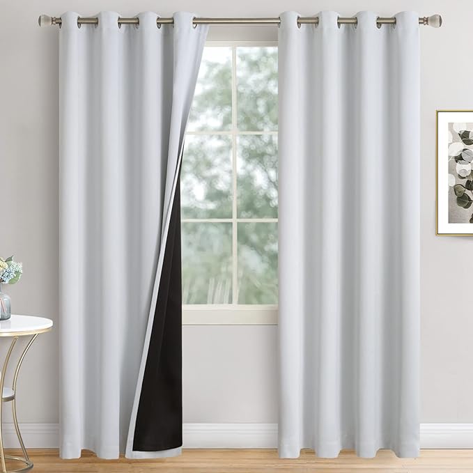 Greyish White Blackout Curtains 84 Inch Length 2 Panels for Living Room, Thermal Insulated 100% Light Blocking Soundproof Grommet Window Curtains for Bedroom with Liner, Each 52 Inch Wide