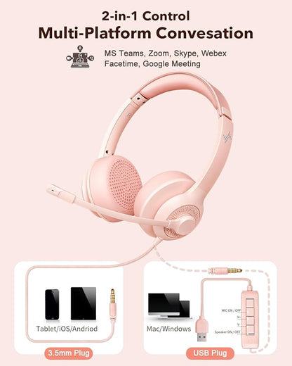 USB Headset with Microphone for PC, On-Ear Computer Laptop Headphones with Noise Cancelling Mic in-line Control for Home Office Online Class Zoom (USB+3.5mm, Pink)