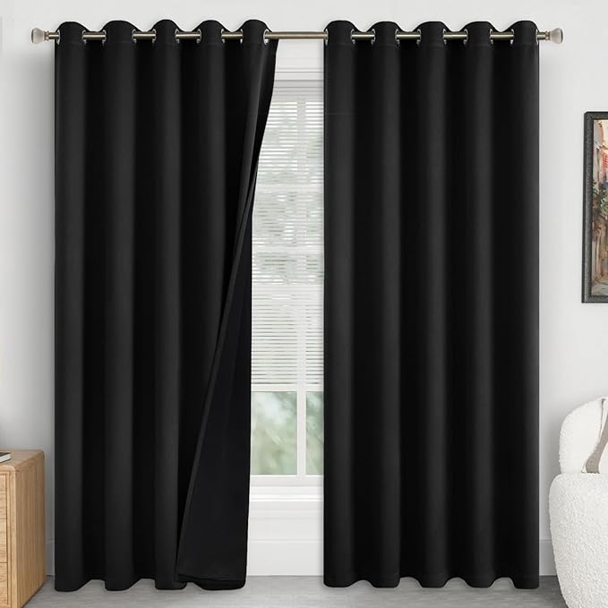 Extra Wide 100% Blackout Curtains 84 Inch Length for Living Room, Thermal Insulated Total Light Blocking Soundproof Room Darkening Curtains, Each 60 Inch Wide, Black