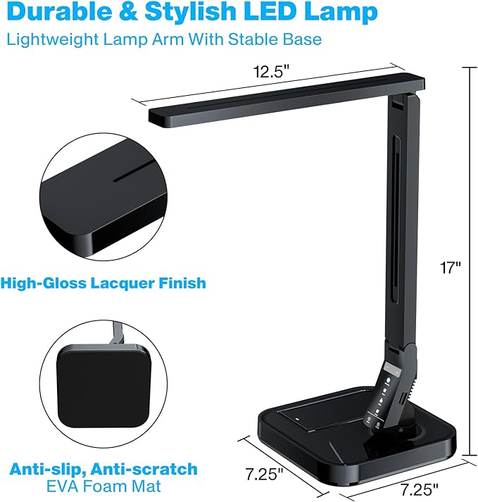 Ambertronix LED Desk Lamp, Patented Vertical Wireless Charger, 14W, 530 Lumens, Table Lamp with USB Charging Port, Dimmable Eye-Caring, 5 Brightness & 4 Light Modes, Touch Control, Auto Timer