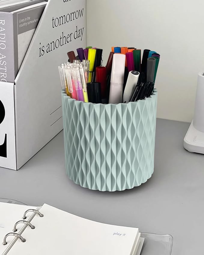 Rotating Pen Pencil Holder for Desk, 5 Slots Unique Blue Desk Pen Organizer Easthetic Desktop Supplies and Accessories for Women Girls, Pen Cup Pencil Caddy for Office Home Art Supply