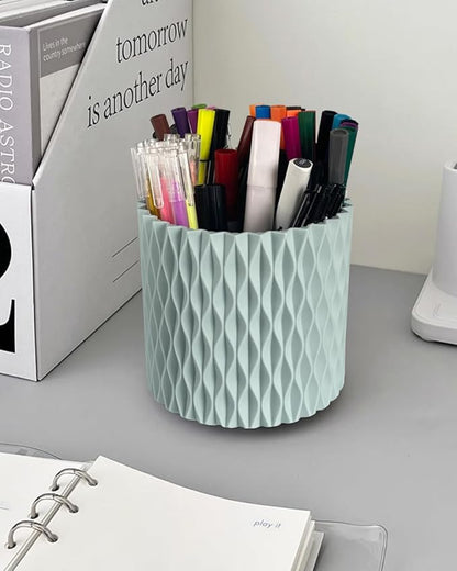 Rotating Pen Pencil Holder for Desk, 5 Slots Unique Blue Desk Pen Organizer Easthetic Desktop Supplies and Accessories for Women Girls, Pen Cup Pencil Caddy for Office Home Art Supply