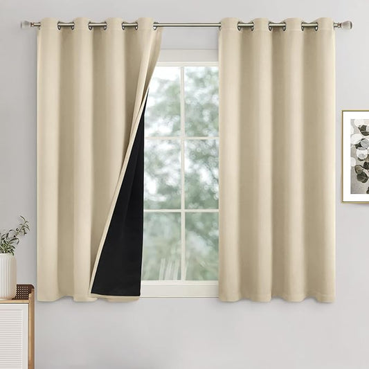 Beige Curtains for Bedroom 54 Inch Length 2 Panels Set, 100% Light Blocking Thermal Insulated Soundproof Grommet Curtains with Thick Black Liner for Narrow Window, Each 52 Inch Wide