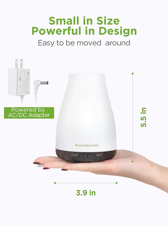 InnoGear Essential Oil Diffuser, Premium 5-in-1 Diffusers for Home Scent Aromatherapy Diffuser Air Desk Humidifier for Bedroom Large Room Office 7 Color LED 2 Mist Mode Waterless Auto Off, Brown Base