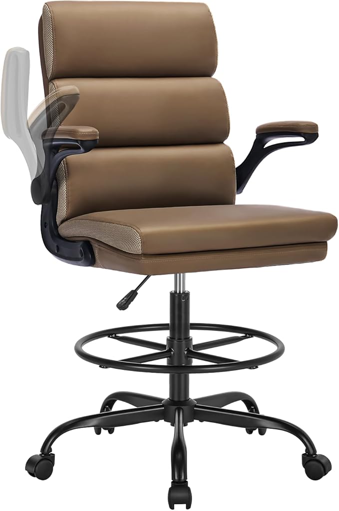 Drafting Chair Tall Office Chair with Padded Flip-up Armrests Executive Ergonomic Computer Standing Desk Chair with Comfortable Leather Backrest and Adjustable Footrest Ring (Tan)