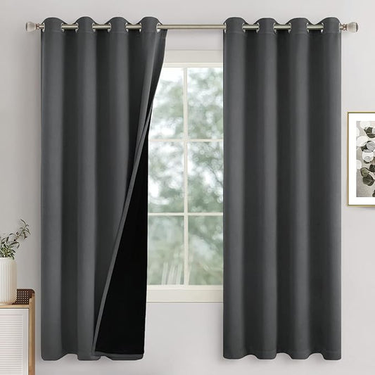 Dark Grey Blackout Curtains for Bedroom 63 Inch Length 2 Panels Set, Thermal Insulated 100% Light Blocking Soundproof Grommet Window Curtains for Living Room with Black Liner, Each 52 Inch Wide