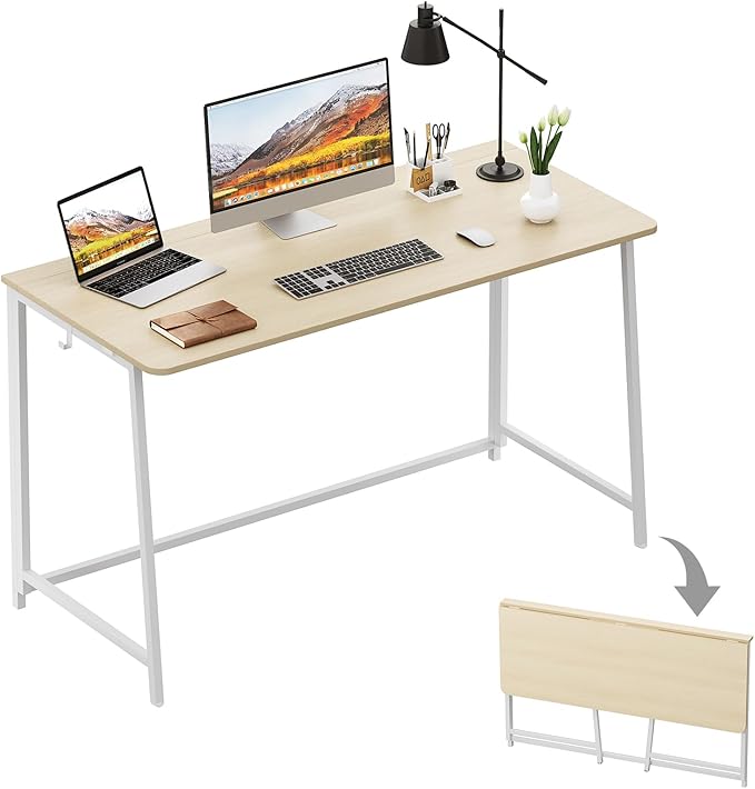 WOHOMO Folding Desk, Small Foldable Desk 47.2" for Small Spaces, Space Saving Computer Table Writing Workstation for Home Office, Easy Assembly, Oak