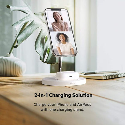 Belkin MagSafe 2-in-1 Wireless Charging Stand for Apple iPhone 16, iPhone 15, iPhone 14, & iPhone 13 Series & AirPods - MagSafe Fast Charging Station for Multiple Devices - White