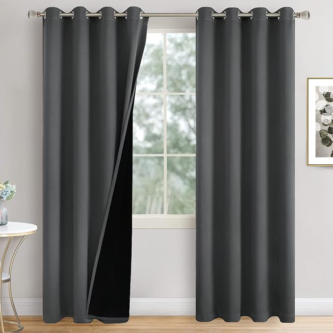 Dark Grey Blackout Curtains 84 Inch Length 2 Panels Set for Living Room, Thermal Insulated 100% Light Blocking Soundproof Grommet Window Curtains for Bedroom with Black Liner, Each 52 Inch Wide