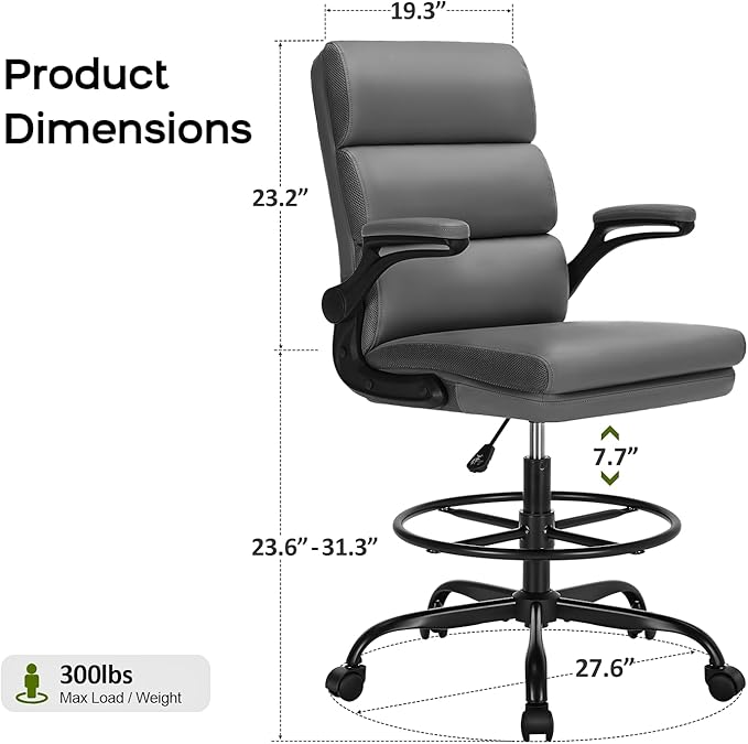 Drafting Chair Tall Office Chair with Padded Flip-up Armrests Executive Ergonomic Computer Standing Desk Chair with Comfortable Leather Backrest and Adjustable Footrest Ring (Gray)