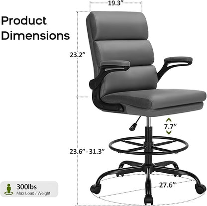 Drafting Chair Tall Office Chair with Padded Flip-up Armrests Executive Ergonomic Computer Standing Desk Chair with Comfortable Leather Backrest and Adjustable Footrest Ring (Gray)