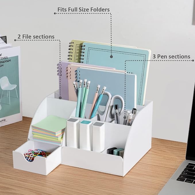 White Desk Organizer, 9 Compartments, Office Supplies and Desk Accessories Organizer, Pen Holder, Office Decor Desktop Organizer (White)