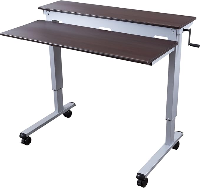 S STAND UP DESK STORE Crank Adjustable Tier Standing Desk with Heavy Duty Steel Frame (Silver Frame/Dark Walnut Top, 48in Wide)