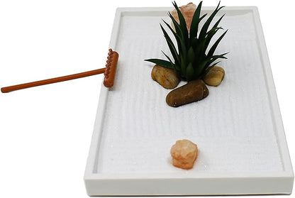 Nature's Mark Mini Zen Garden Kit for Desk with White Sand, Rake, White Base, Salt Rock and Air Plant (Rectangle)