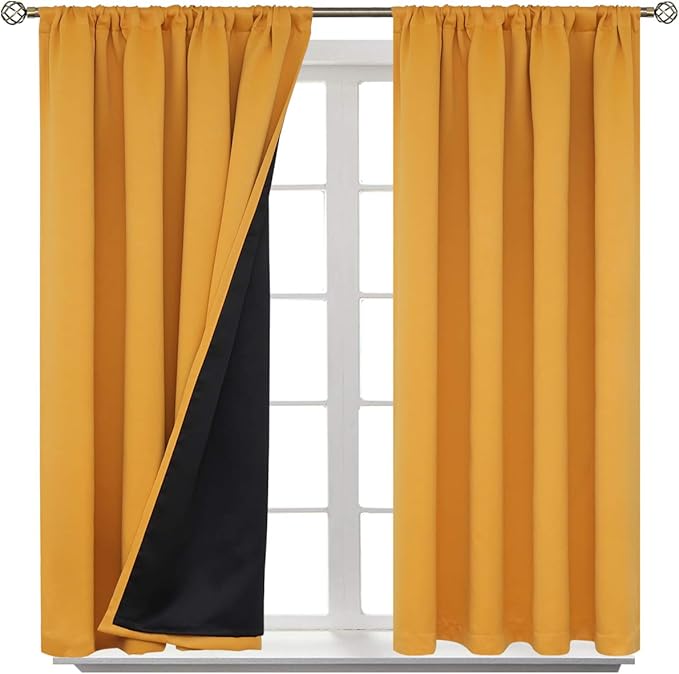 BGment 100% Blackout Curtains for Bedroom with Black Liner, Room Darkening Curtains Double Layer Noise Reducing Rod Pocket Window Curtains (52 x 54 Inch, Mustard, 2 Panels)