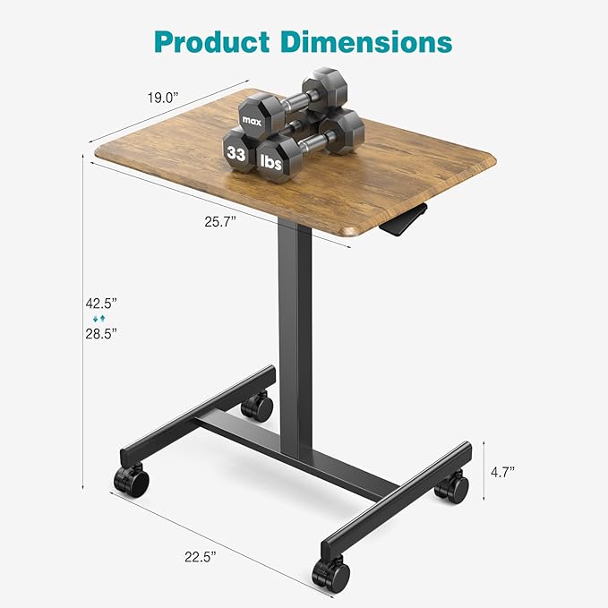 DUMOS Small Standing Desk Mobile Portable Rolling Laptop Desk on Wheels, Adjustable Height Table for Home Office, 19 Inch, Modern Brown