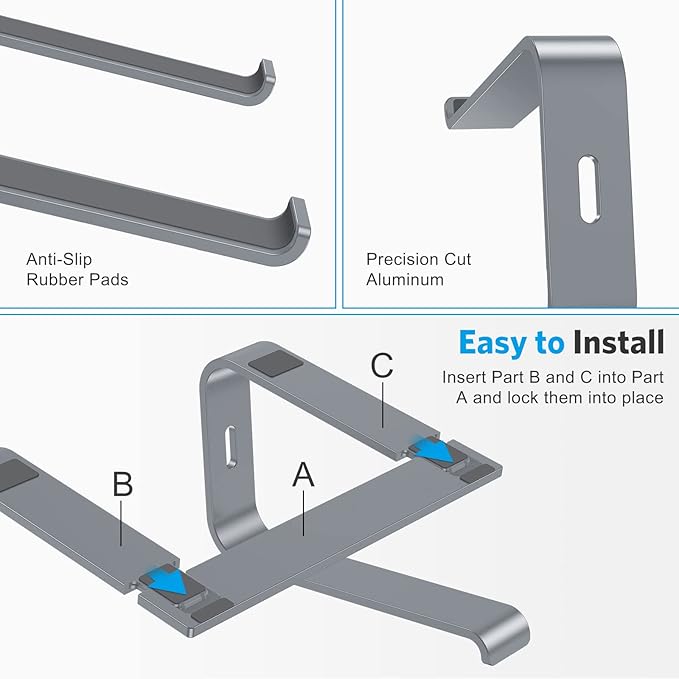 OMOTON Laptop Stand for Desk, Detachable Laptop Riser, Aluminum Laptop Holder, Compatible with MacBook Air/Pro, Dell, HP, and All Laptops (11-16 inch), Grey