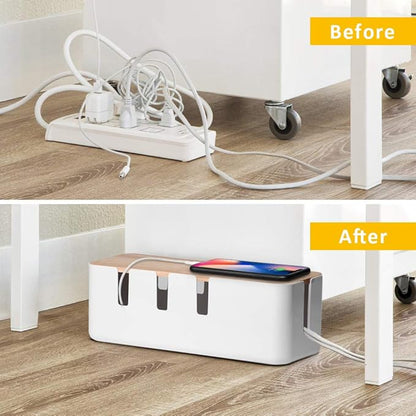 Cable Management Box by Baskiss, 12x5x4.5 inches, Wood Lid, Cord Organizer for Desk TV Computer USB Hub System to Cover and Hide & Power Strips & Cords