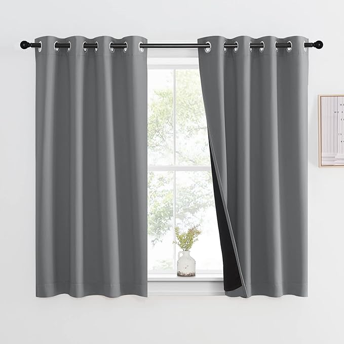 NICETOWN 100% Blackout Curtain with Black Liners, Thermal Insulated Full Blackout 2-Layer Lined Drape, Noise Cancellation Window Drapery for Dining Room (Silver Grey, 1 Panel, 46-inch W by 54-inch L)