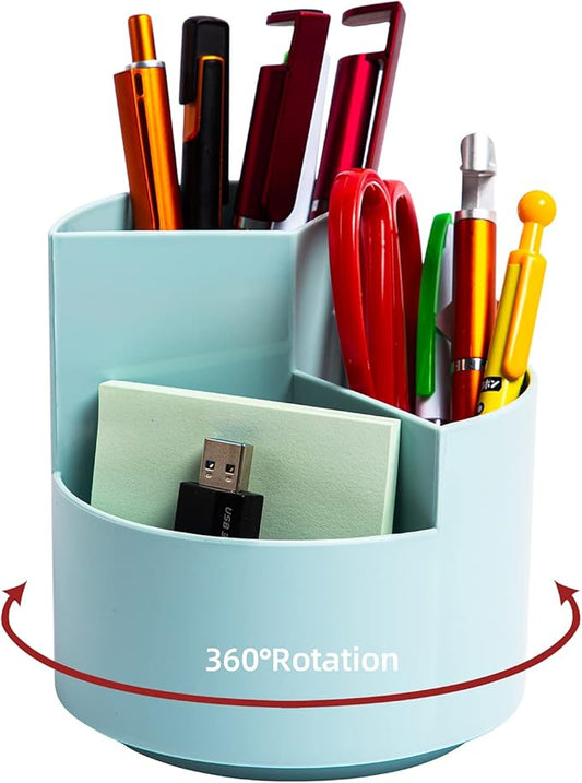 Desk Pencil Pen Holder, 3 Slots 360-Degree Spinning Pencil Pen Desk Organizers, Desktop Storage Pen Organizers Stationery Supplies, Cute Pencil Cup Pot for Office, School, Art Supply - Blue